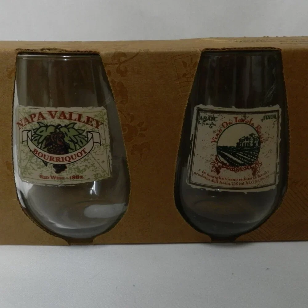 Pier 1 Stemless Wine Glass Napa Spain Italy & France Labels Set of glasses 4 NIB